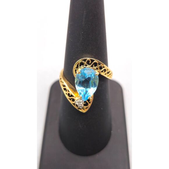 14KT YELLOW GOLD 3.30G DIAMOND & BLUE STONE RING SIZE 8 (140399-15) - Picture 3 of 3